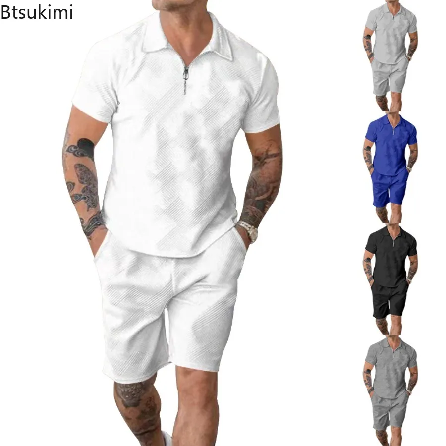 Summer New Jacquard Casual Sets Men's Fashion Half Zip Short-sleeved Polo Shirt and Shorts Two Piece Sets Men Loose Sport Outfit