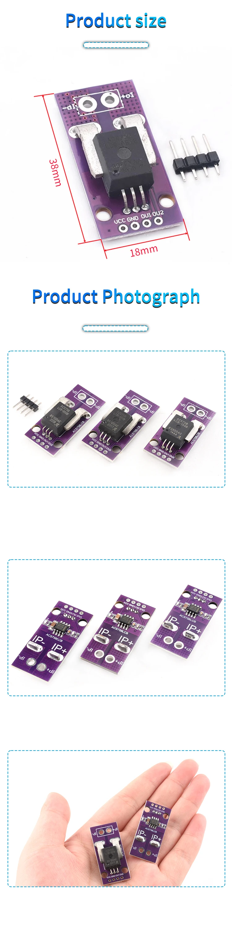 ACS758 LCB Hall-Stromsensormodul 50A 100A 150A 200A Lineare Analoge AC/DC-Strommessung 3.3V-5V ACS758LCB für Arduino – Detail 2
