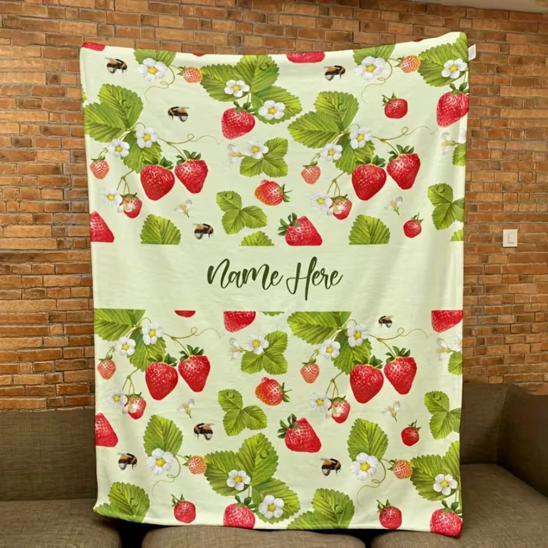 Personalized Custom Strawberry Flannel Blanket, Soft Warm Digital Printed Throw Blanket, Machine Washable Multi‑Purpose Blanket