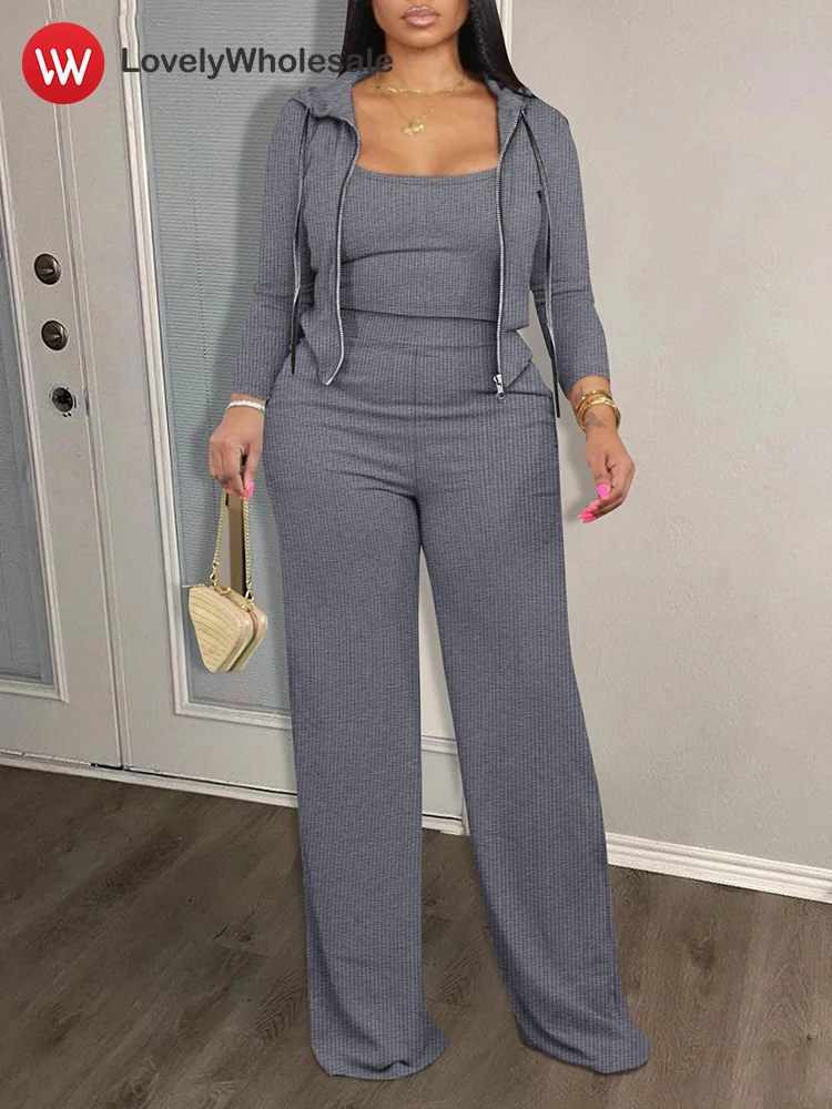 

LW Plus Size Pit Strip Three Piece Pants Sets For Women 2024 Autumn Casual Hooded Tracksuit Tops Cropped Camisole Elastic Pants