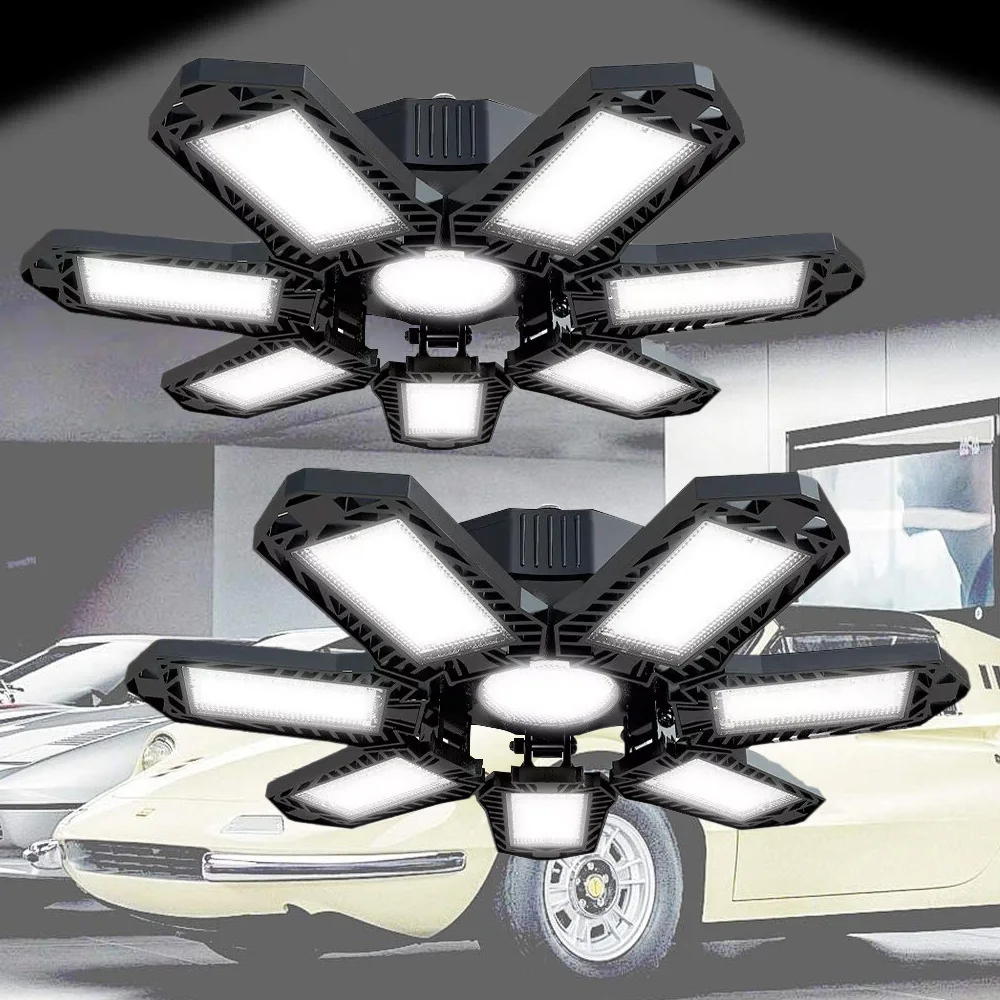 

2 шт. деформируемые мощные светодиодные лампы для гаража с 7 + 1 регулируемыми панелями, рабочие фары для промышленной мастерской, склада