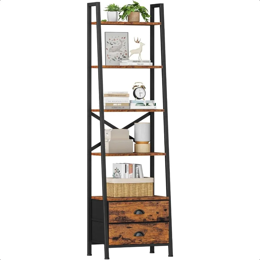 5Tier Ladder Shelf with 2 DrawersNarrow Bookshelf Storage Shees Industrial Bookcase Freestanding Rack Units for Bedroom Living