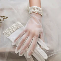 Guanti da sposa retrò con perle da sposa accessori per feste versatili per abiti da sposa accessori per foto corti in rete estetica