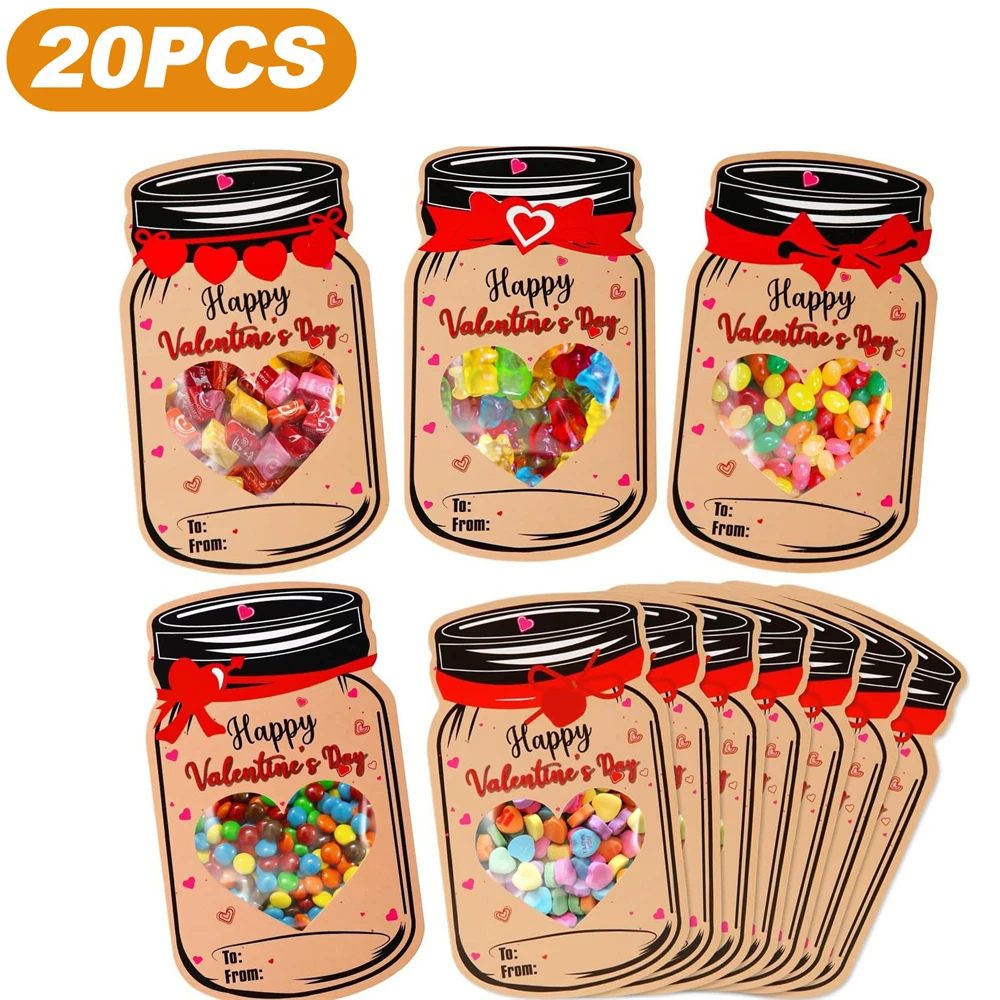 20Pcs Happy Valentines Day Candy Gift Bags Drift Bottle Greeting Card Wedding Party DIY Chocolate Cookie Packaging Decoration