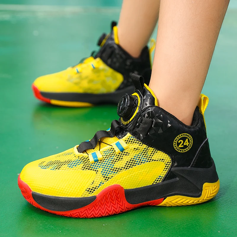 Chaussures de basket-ball jaunes pour enfants, maille respirante, chaussures de sport pour adolescents, vêtements coordonnants, baskets de