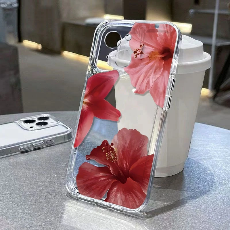

Full Screen Red Flower iPhone Case For iPhone 16 15 14 13 12 11 Pro Max XR XS MAX 7 8 PLUS MINI INS Transparent Shockproof Cover