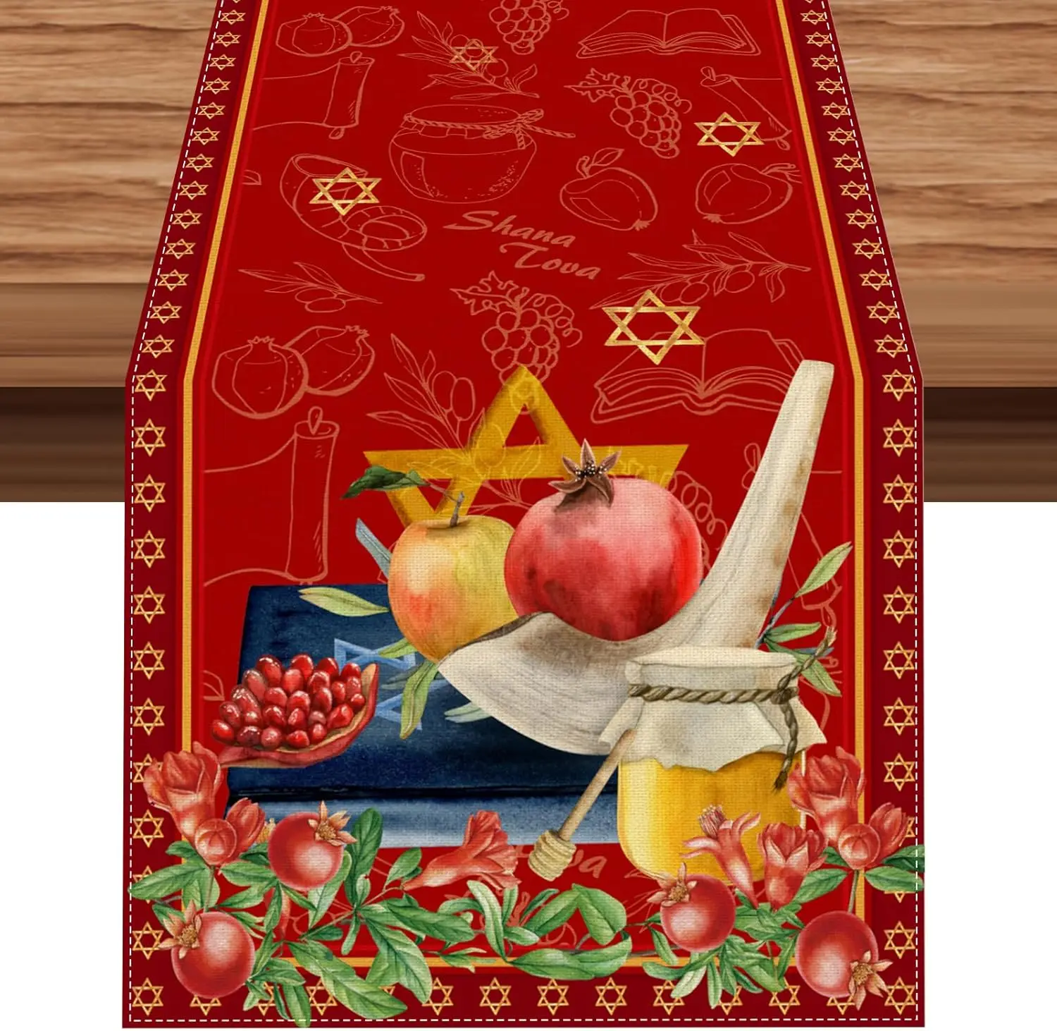 Rosh Hashanah Horn Pomegranate Linen Table Runner Party Decor Shofar Horn Shana Tova Jewish Holiday Table Runner Home Decor