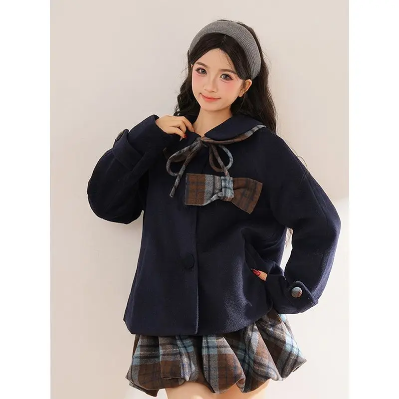 

Japan College Style Bow Woolen Coat For Women Winter Thickened Splicing Plaid Bud Skirt