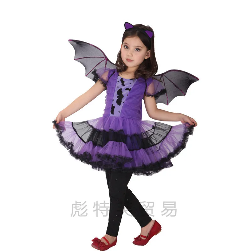 Cosplay Kids Performance Costumes Purple Bat Girl Bat Fairy Witch Dress Bloodsucking Female Halloween Props