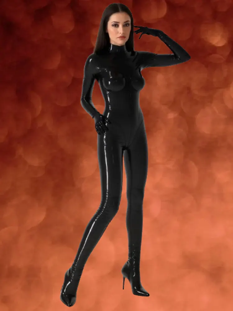 

Wetlook PVC Shiny Jumpsuit Shaping Breast Hot Sexy Zentai Faux Latex Bodysuit Five Finger Glove Full Body Tigths Woman Leotard