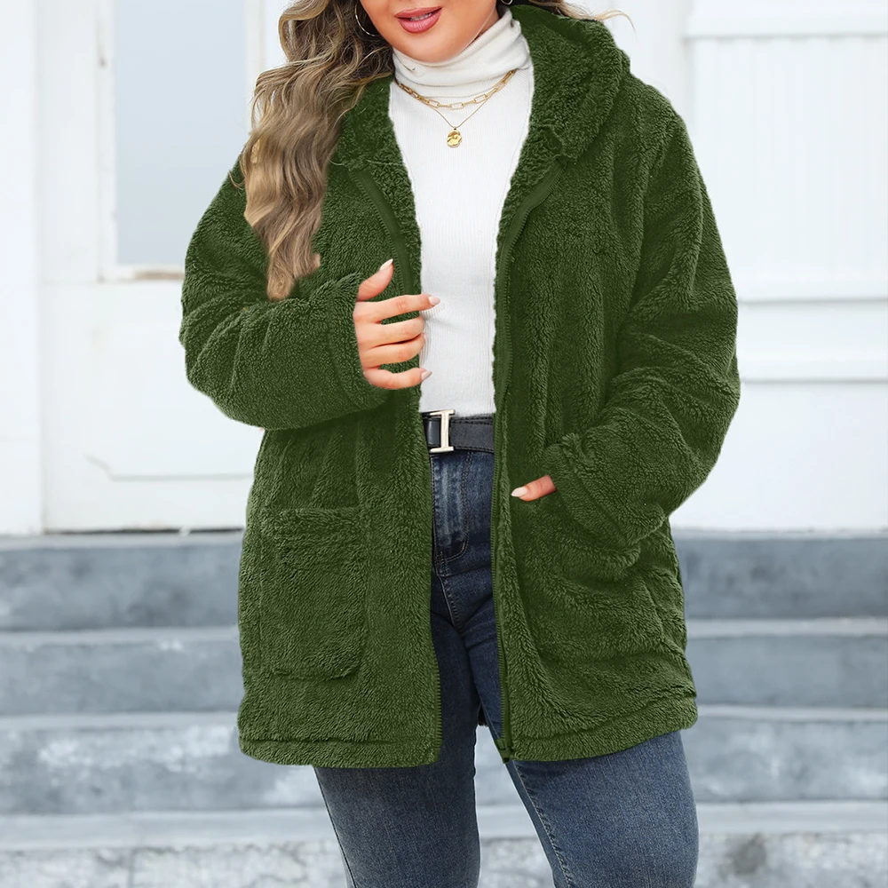 2024 Winter Vrouwen Fleece Jassen Jas Plus Size Winddicht Ritsvak Capuchon Pluche Dikker Warme Dame Oversized Bovenkleding Top