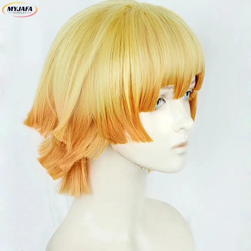 Peluca de Cosplay CyAnime Zenitsu Agatsuma, pelucas de disfraz de pelo corto dorado resistente al calor + gorro de peluca