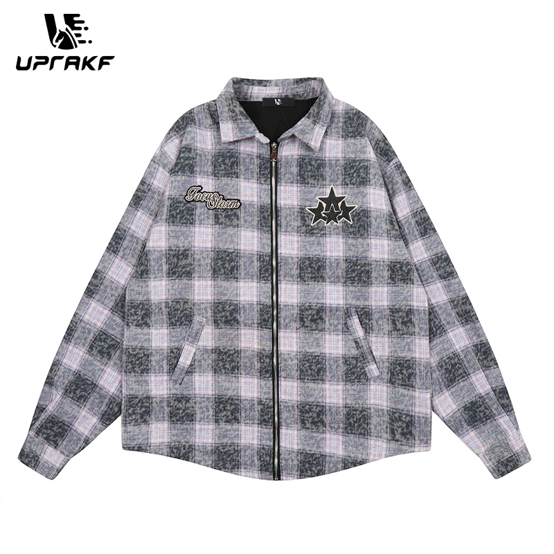 

UPRAKF Plaid Coat Unisex Star Embroidery Lapel Zipper Long Sleeve Cotton Harajuku Casual High Quality Loose Streetwear Autumn