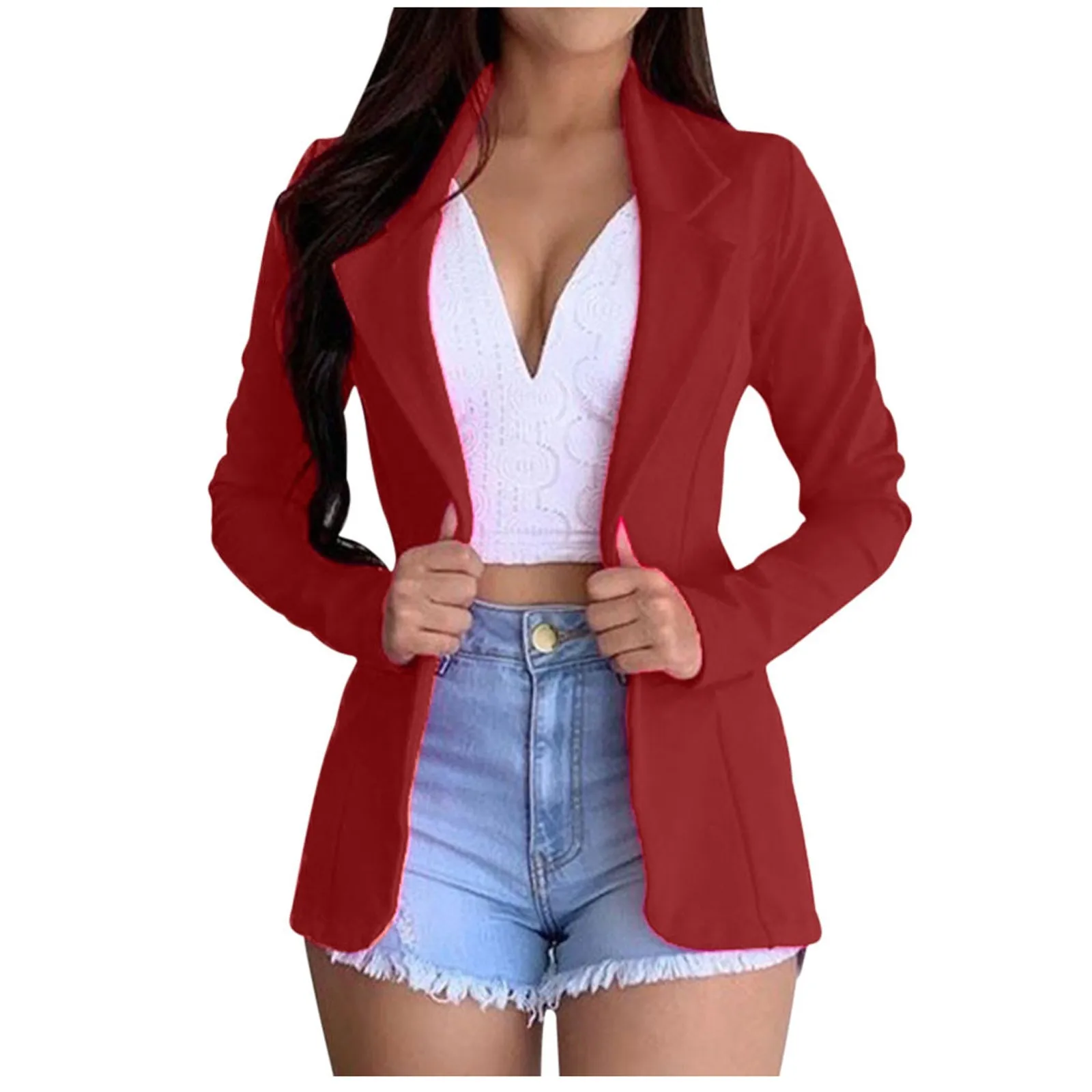 Women Solid Open Front Pockets Cardigan Formal Suit Long Sleeve Blouse Coat Open Front Pockets Elegant Lapel Temperament Jackets