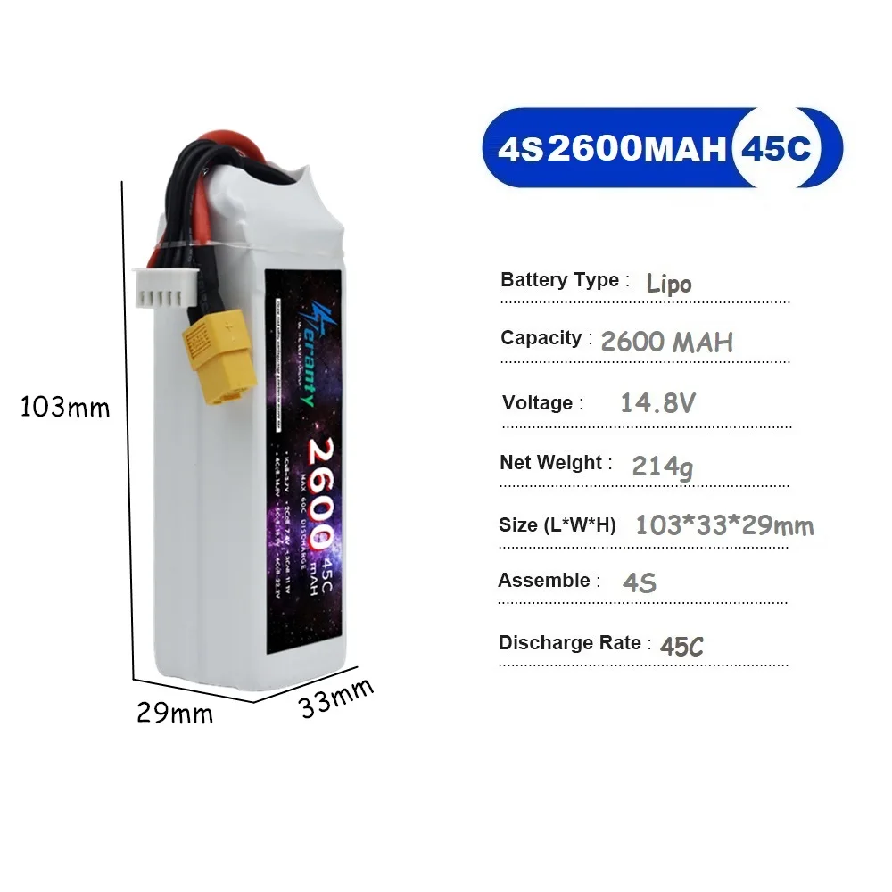 4S 14.8V 45C 2200MAh 2600MAh 3000MAh/3300MAh 60C Lipo Battery for RC Car FPV Quadcopter Helicopter Drone Racing Model Hobby