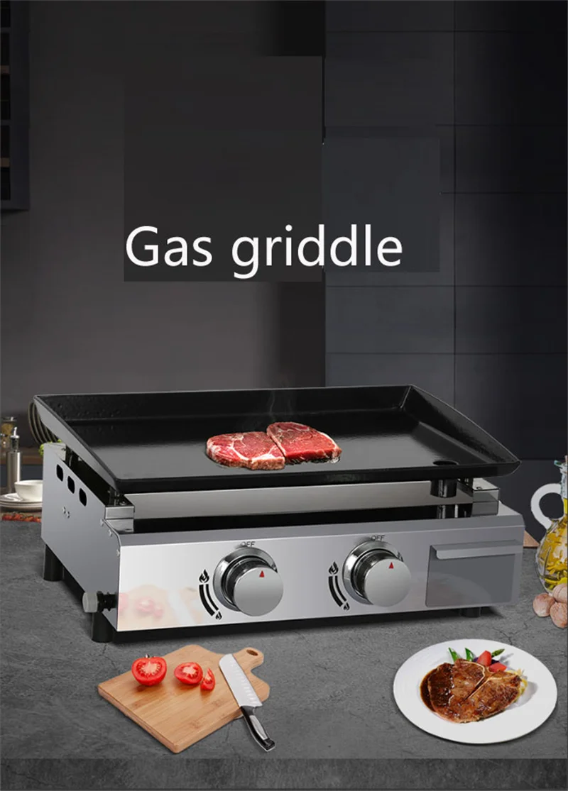 Commercial 2 Knobs Gas Griddle Non-stick Counter Top Plate Snack Equipment Cooking Pot Cooking Appliance BBQ Griddle Portable