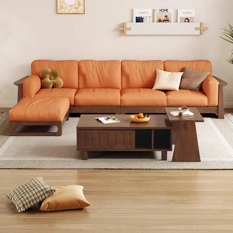 @！Cheap Sofa Set Cream Style Living Room Furniture Modern Compressed Package Corner Sofa With Ottoman L Shape Wood Sofa Set