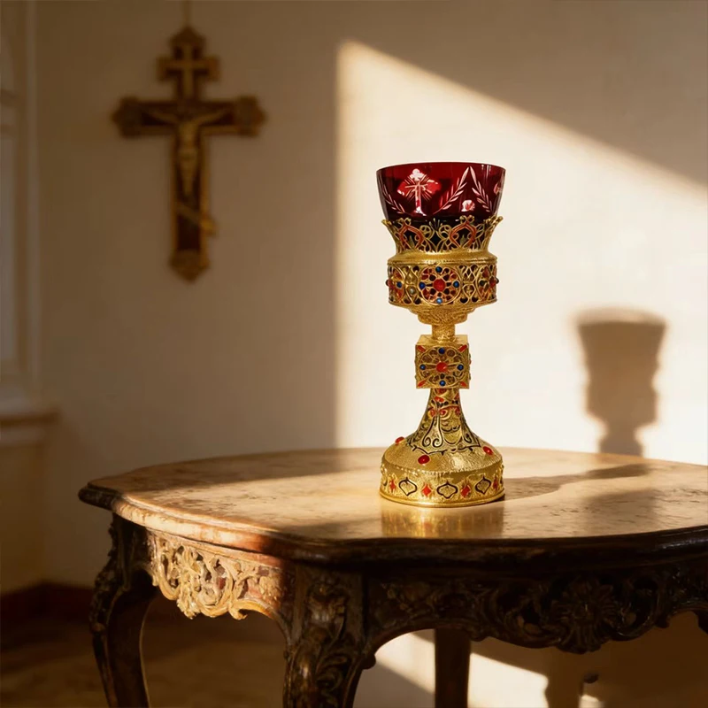 Vintage Gold Plated Orthodox Liturgical Chalice with Enamel Red Gems and Red Glass Cup for Church Communion Home Altar Prayer
