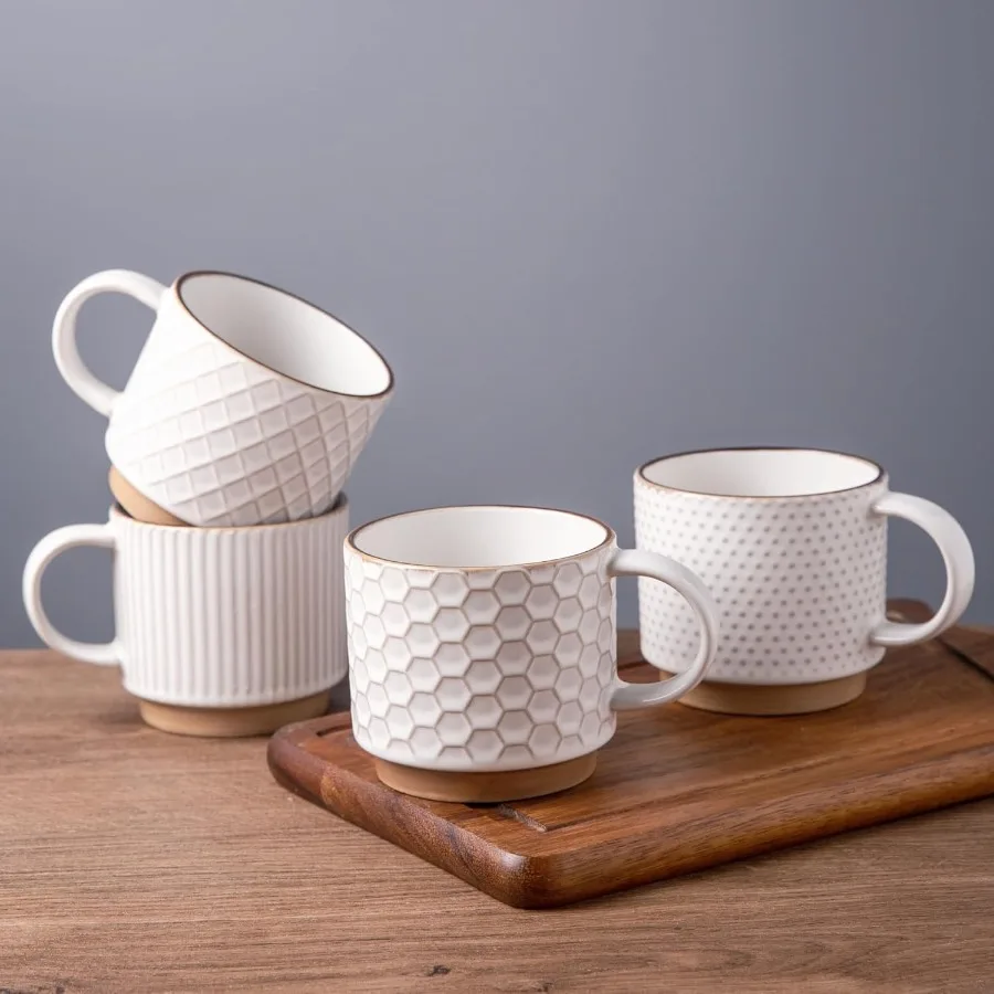 

Modern 12OZ Stackable Ceramic Coffee Mugs Set of 4 with Textured Patterns for Everyday Use Ideal for Latte Cappuccino Cocoa Per