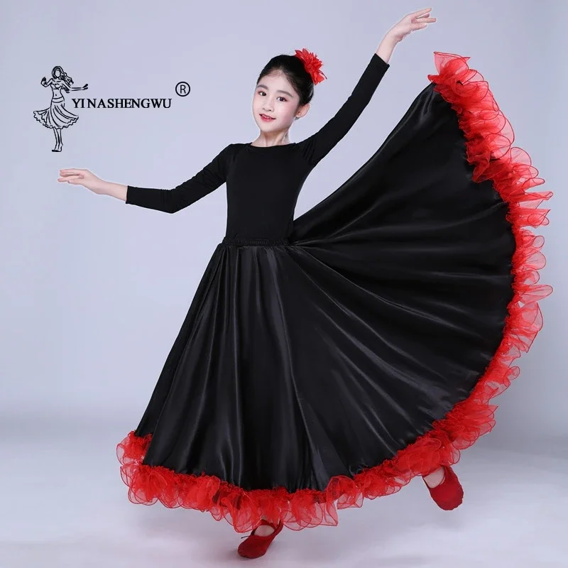 Gonna di flamenco spagnolo in raso solido con lacci Costumi di danza del ventre femminile 360-720 gradi Ragazze Bambini Sala da ballo Madre figlia Abito