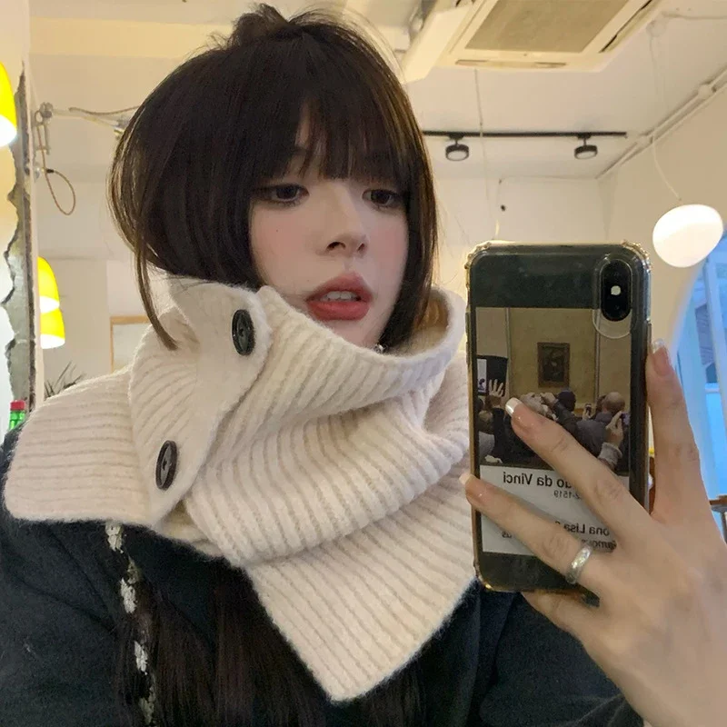 المرأة محبوك وشاح من الصوف زر عالية وهمية طوق البلوز والأوشحة شتاء دافئ وشاح شال غطاء الرقبة الإناث