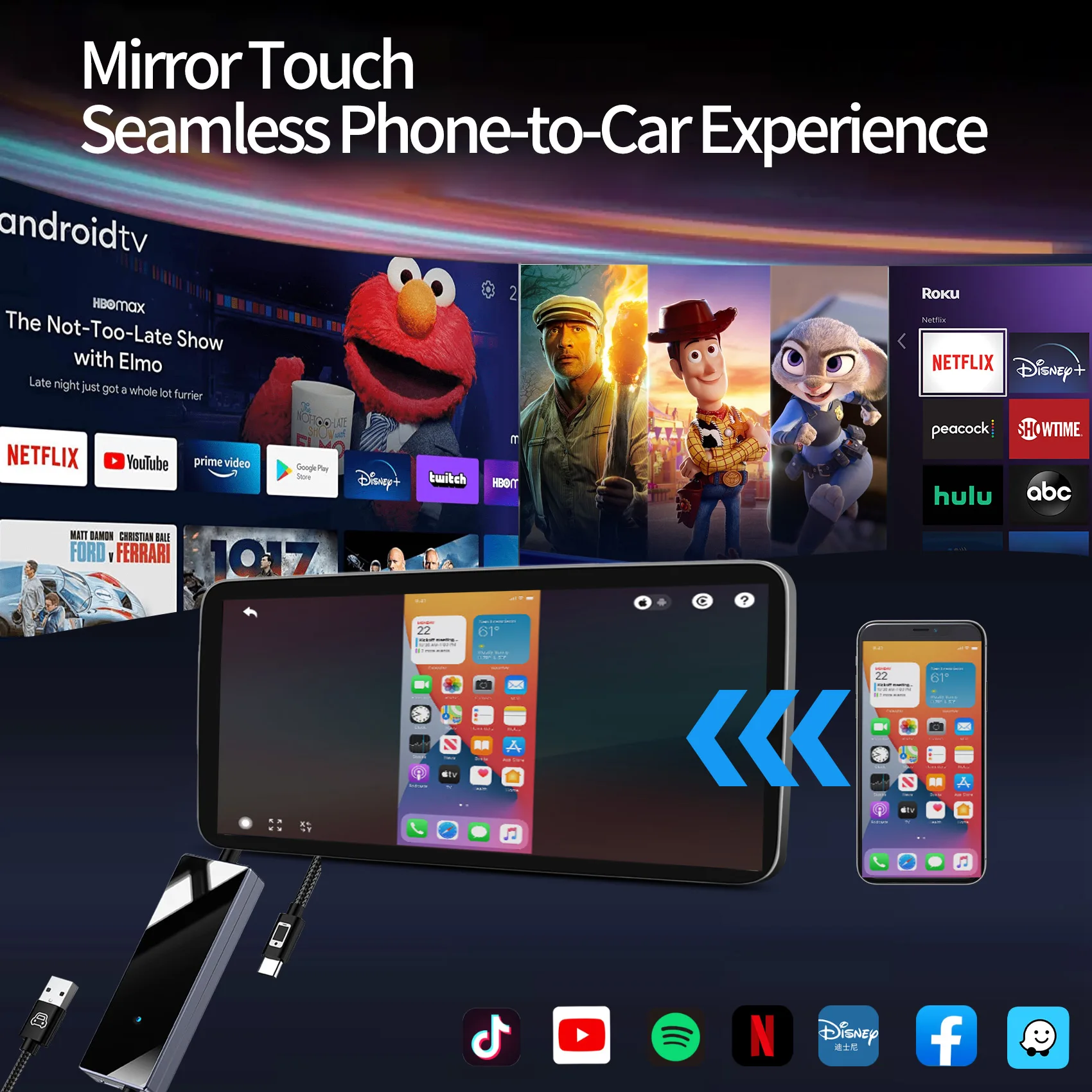 

New Mirror Touch Wireless CarPlay Adapter Bi-Mirroring Bi-Directional Control Dongle for iPhone Android Car Accessories Spotify