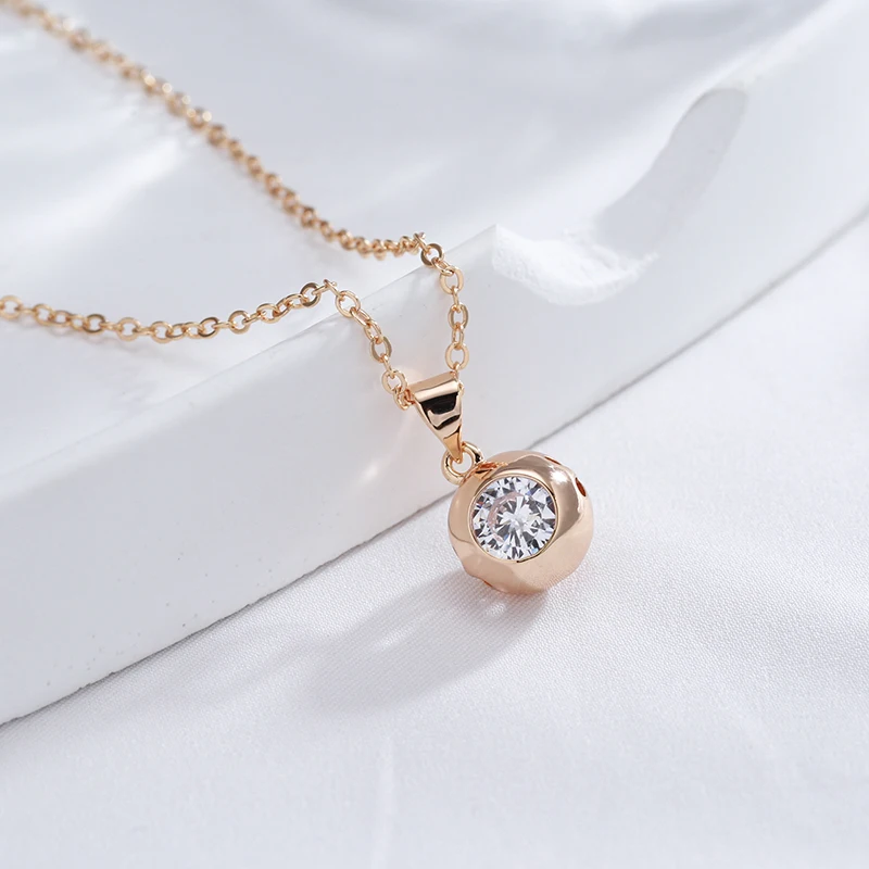 SYOUJYO Sparking Natural Zircon Round Pendant Necklace For Women 585 Rose Gold Color Trend New Jewelry Christmas Party Gift