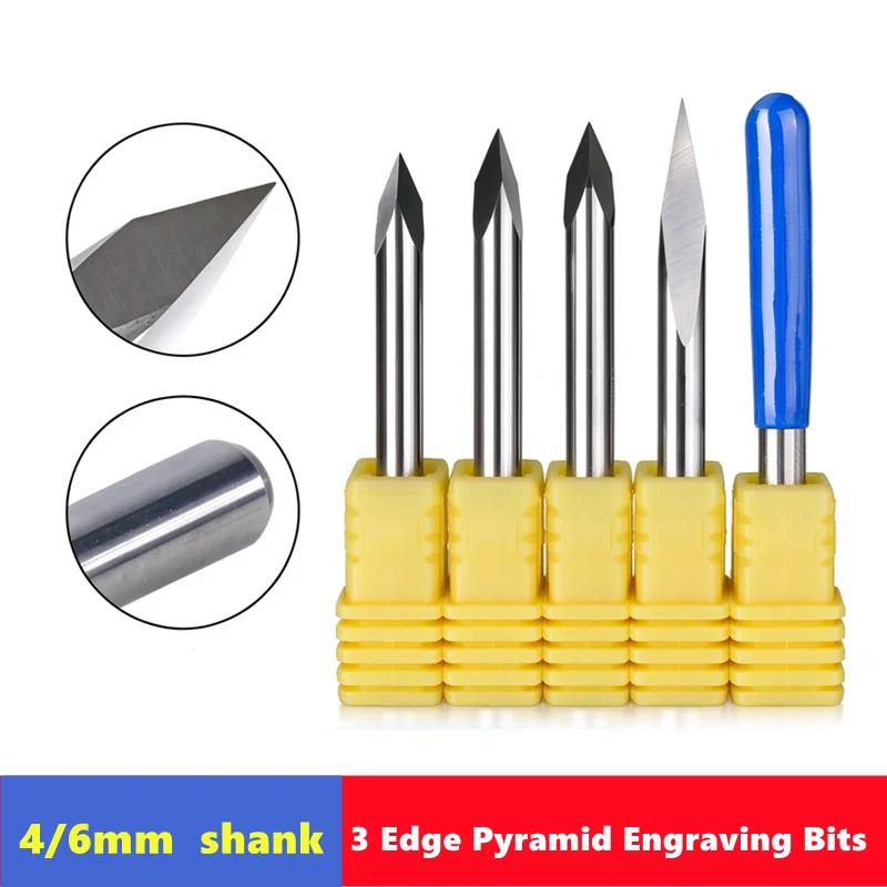 CNC Router Bit 3 Edge Pyramid Engraving Bits 4mm/6mm Shank Carbide End Mill 20,30,40,45,60,90 Degrees CNC Router Milling Tool