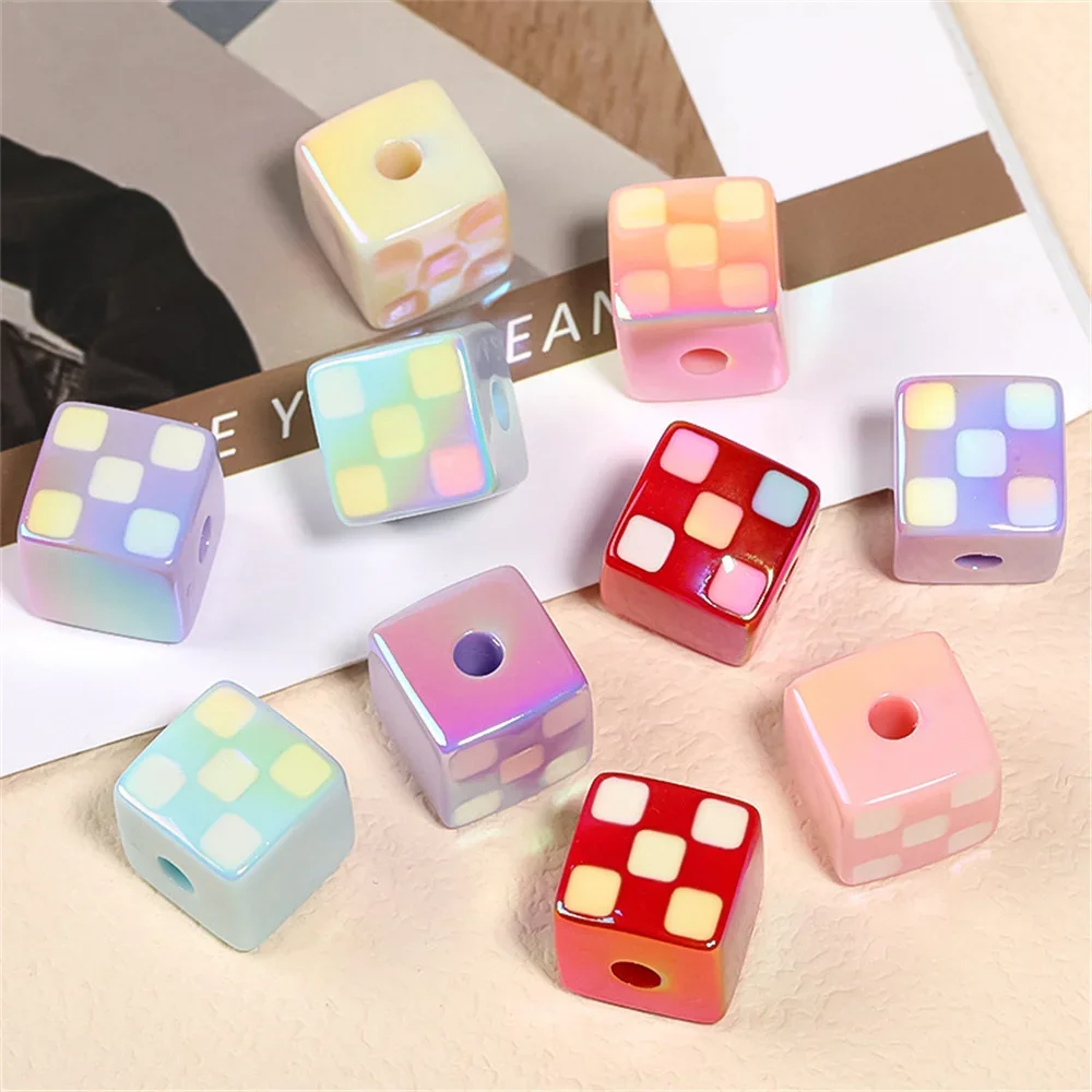 CH56 5Pcs 14mm Checkerboard Square Bead Through Hole Acrylic Bead Chain Key Pen Bead Diy Jewelry Accessories Girl