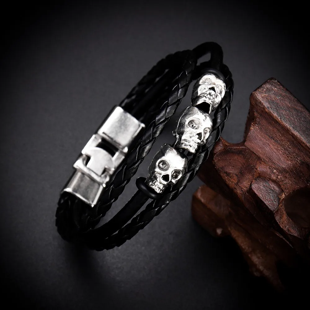 Cool Skeleton Skull Leather Bracelet Men\'s Stainless Steel Punk Rock Gothic Charm Woven Multilayer Bracelet Men\'s Jewelry Gift