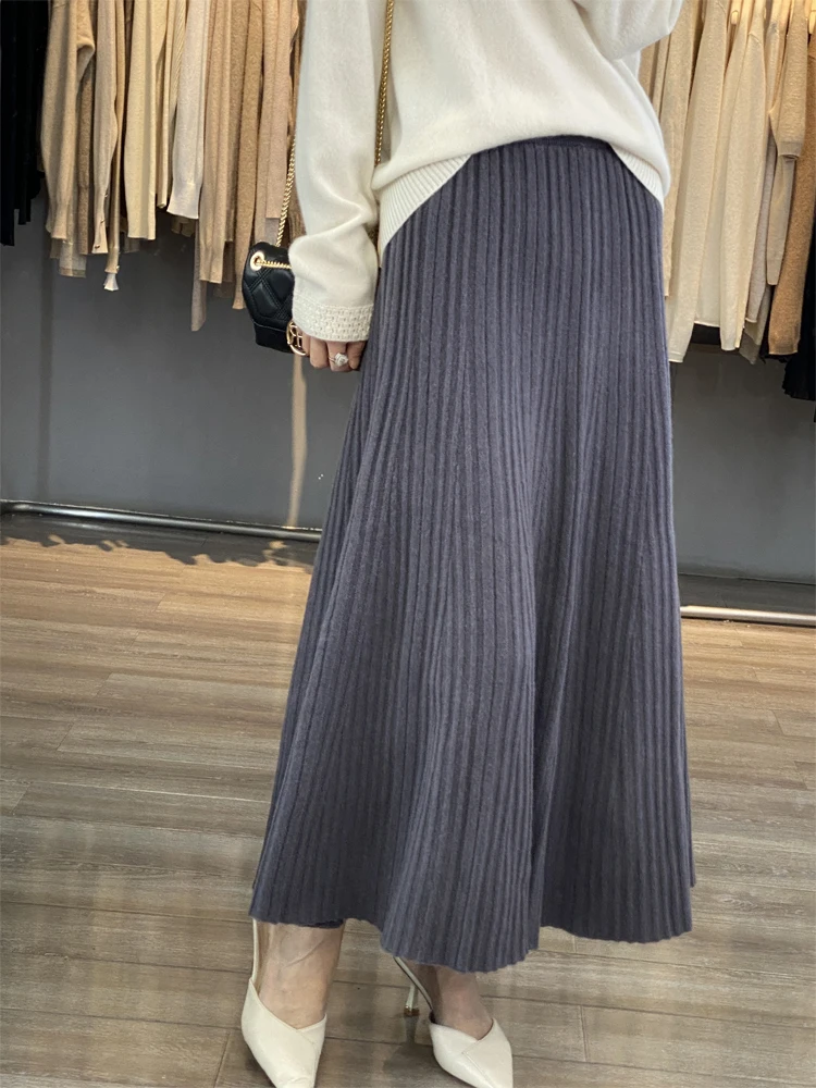 Devin High Quality Women Long Pleated Skirt Autumn Winter Cashmere Skirt 100% Merino Wool Knitwear Office Lady Grace Dress