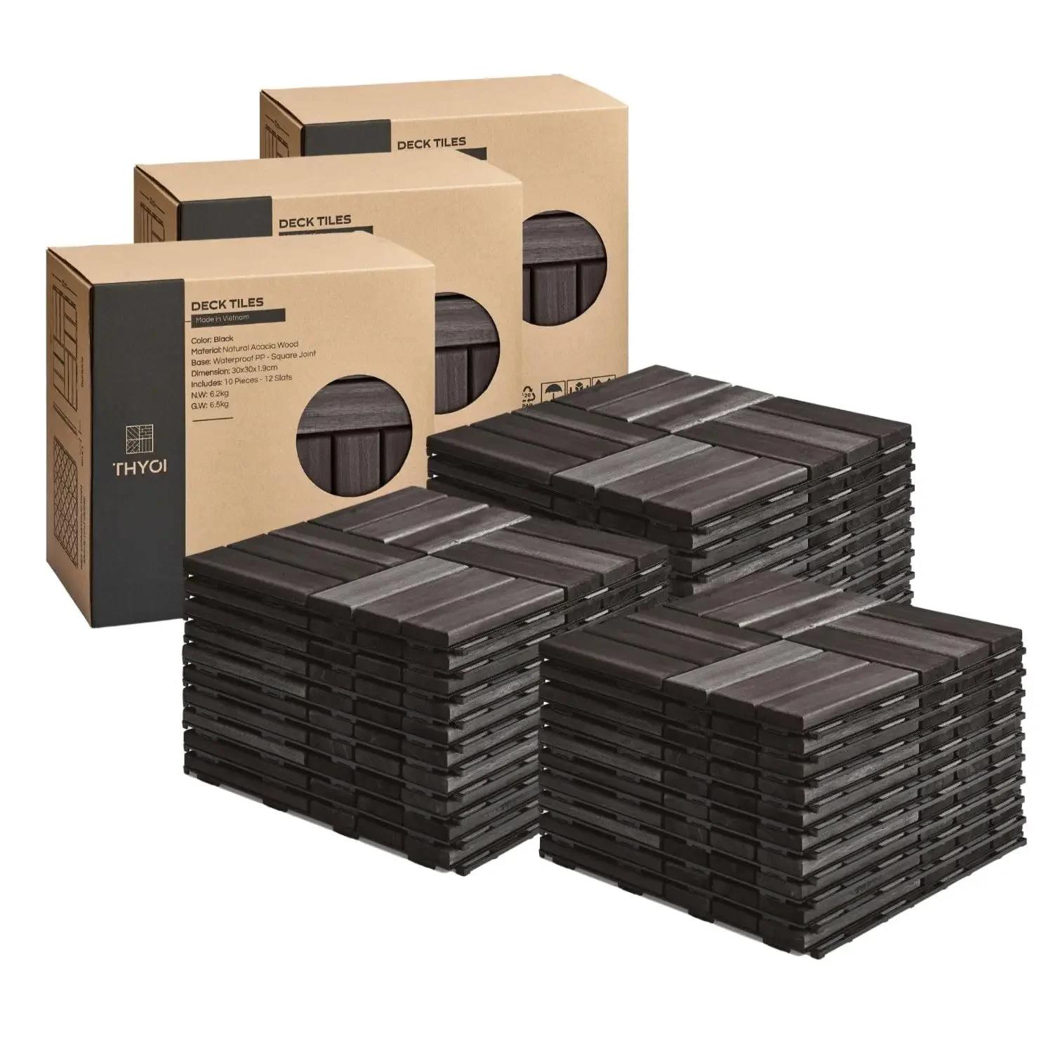 Deck Tiles, Patio Flooring - Outdoor Waterproof Acacia Wood Tiles for All Weather Use - Balcony, Backyard, Indoor & Outdoor (Bla