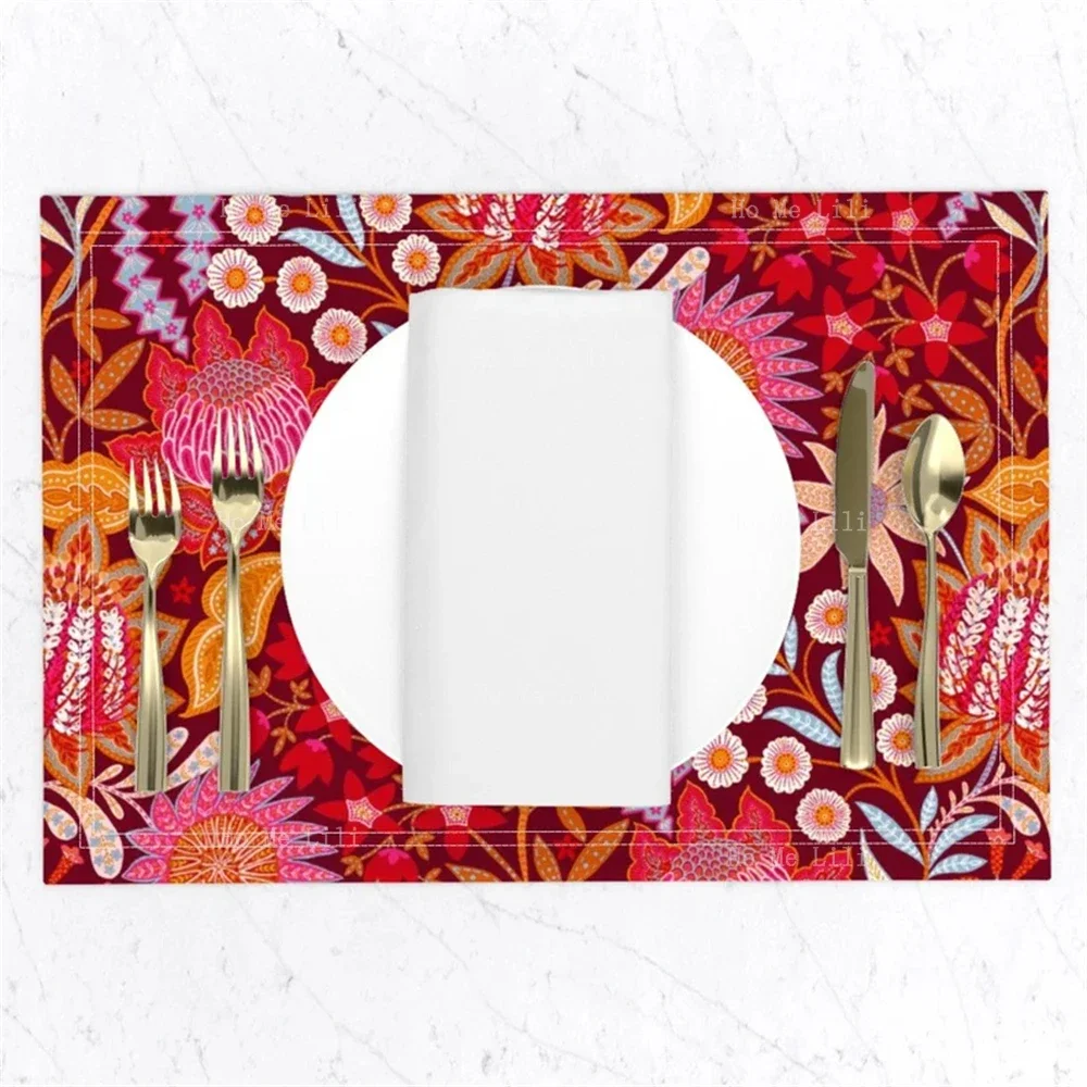 Australian Floral Paprika Orange Watercolor Flowerfield Blossoms Flowery Botanical Petals Cloth Placemats