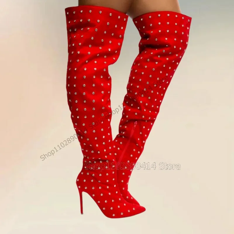 

Red Black White Rivets Decor Pointed Toe Boots Side Zipper Women Shoes Thin High Heels Fashion Banquet 2023 Zapatos Para Mujere