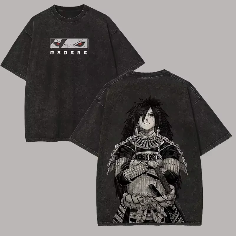 Madara Uchiha T Shirt Naruto Men Acid Wash Back Print Sharingan Anime Graphic 100%Cotton Streetwear Jutsu Vintage Bootleg