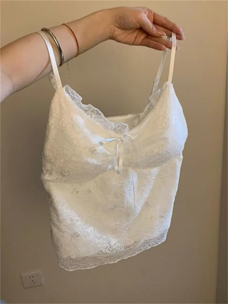 Elegant Lace White Camisole Women's Vest with Chest Pad Unique Design Inner Wear Base Top  Knot Backless Style