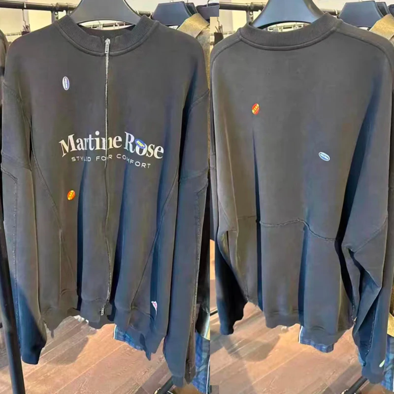 

American Style Martine Rose Jacket Irregular Patchwork Outerwear Washed Black Do Old Letter Print Double-headed Zipper Jackets