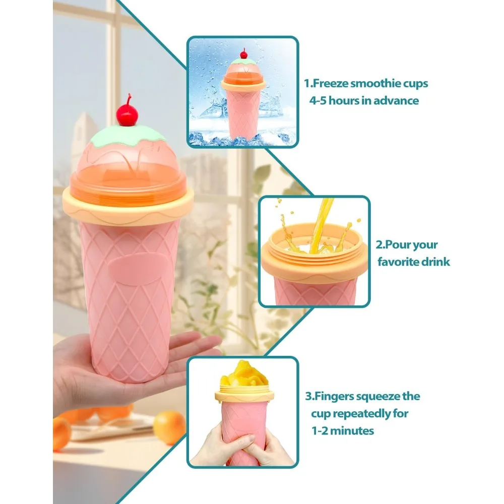 Slushie Cup, Smoothie Cups with Lids & Straws, Slushy Cup for Juices Ice Cream Make, Portable Frozen Magic Maker for Kids Family