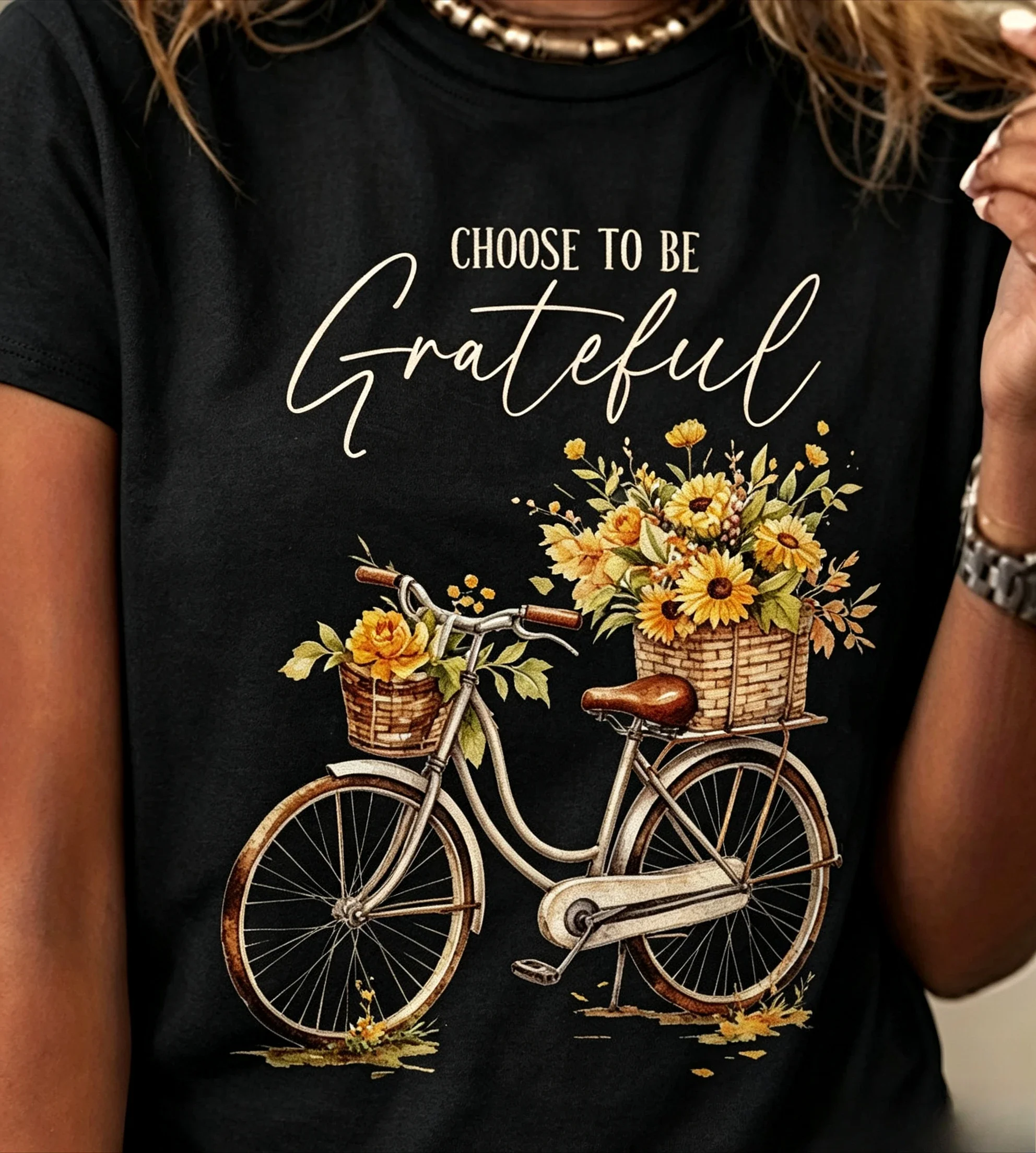 Women Vintage Crew Neck Long Sleeve T Shirt Choose To Be Grateful Bicycle Graphic Print Casual Daily Spring Streetwear Tops