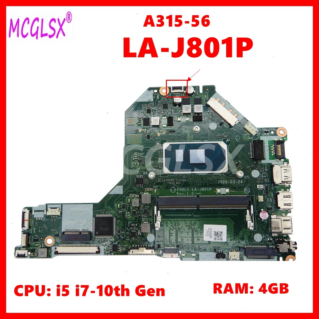 LA-J801P with i5 i7-10th Gen CPU 4GB-RAM Notebook Mainboard For ACER Aspire A315-56 Laptop Motherboard 100% Tested OK