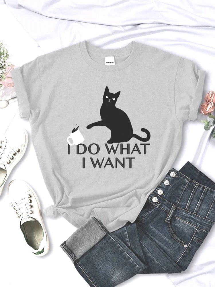 Creative Short Sleeve Vintage Casual Breathable Womans Tee Clothes Black Cat Want Letter Women TShirts Fashion Summer Streetwear