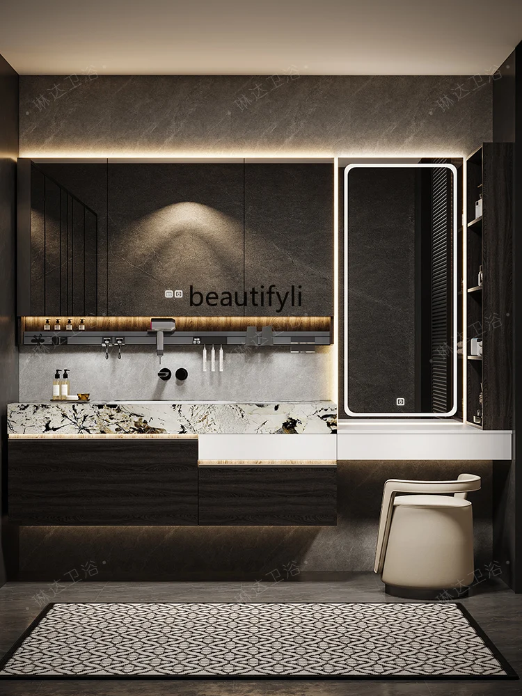 

Light luxury solid wood bathroom cabinet combination large apartment bathroom sink dresser makeup integrated storage cabinet