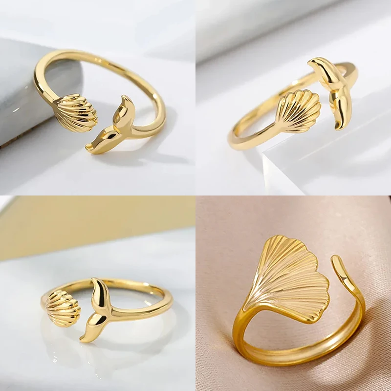 Fashion Shell Rings For Women Gold Color Stainless Steel Beach Shell Adjustable Ring Summer Aesthetic Jewelry Gift Accessories