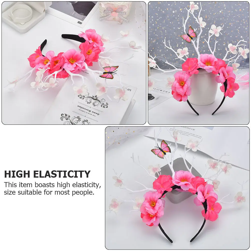 

Элегантная повязка для волос с декором в виде цветов сливы, оленьих рогов и бабочек, 1 шт., для фестивалей, вечеринок, свадеб, модный женский аксессуар для волос