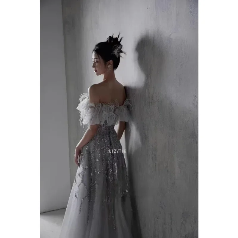 فساتين سهرة نسائية مكشوفة الكتفين ريش باتو مطرز للحفلات مناسبة رسمية طويلة فستان تول أنيق لحفلات الزفاف