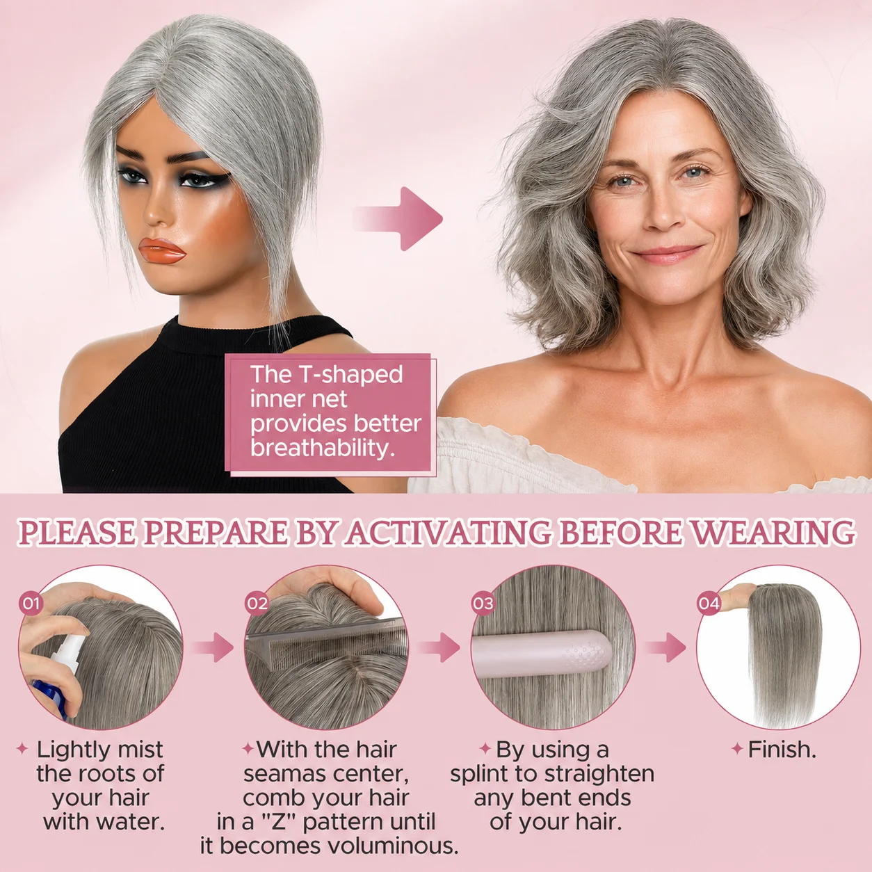 100% Human Hair Topper 2.75x3.5 Inch Short Straight 20g Lace Base with 3 Clips Grey Middle Part Hairpiece for Women Thinning