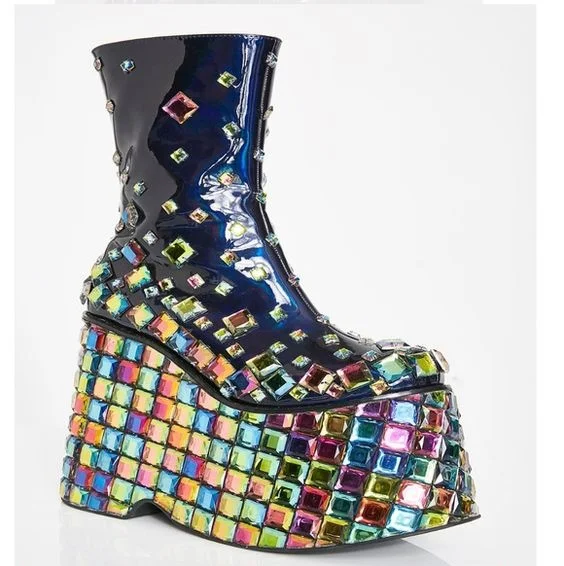 Club Gem Rhinestone Platform Wedges Boots Lady Design Zip Round Toe High Heel Blingbling Boots Fashion Shoes Dress Girl