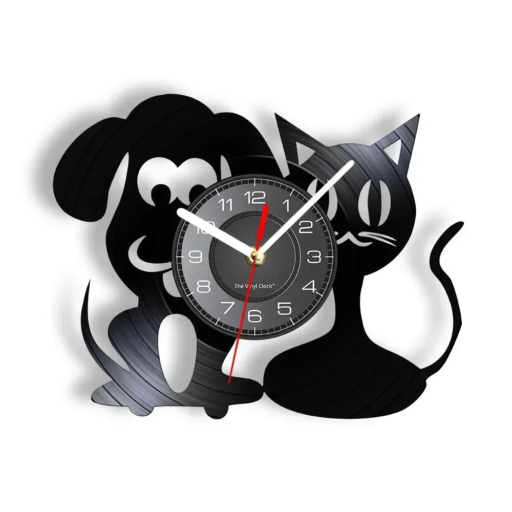 Cat and Dog Art Vinyl Record Wall Clock Pet Clinic Wall Decoration Retro Clock Pet Hospital Veterinary Gift Art Wall Watch