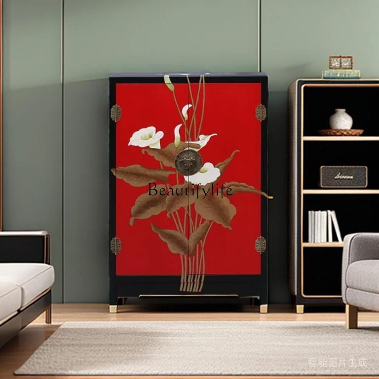 

New Chinese furniture, painted black background red door calla lily double door cabinet