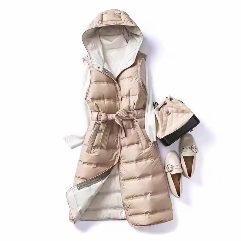 Chaqueta de plumón de pato sin mangas para mujer, abrigo largo con capucha, ajustado, cálido, para oficina, otoño e invierno, 90%